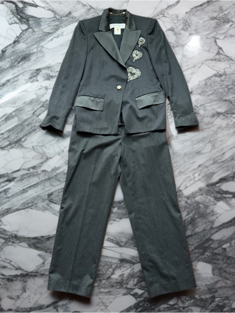 Escada Margaretha Ley Gray Silk Suit 36 Blazer Pants Embellished Germany